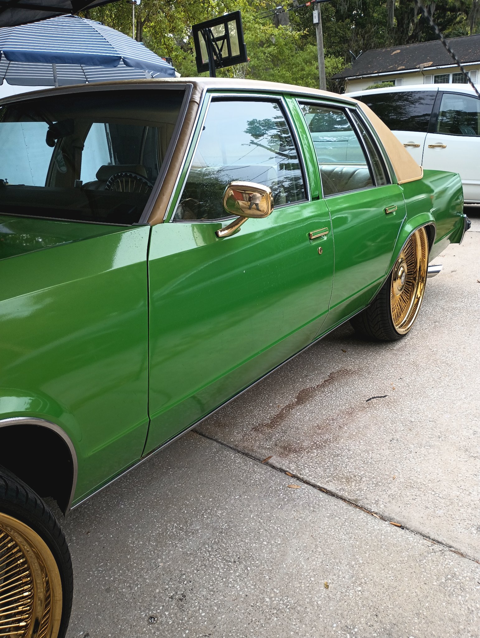 ChromeKarats gold plating work — Green Oldsmobile — Gold Wire Wheels & Trim (Side)
